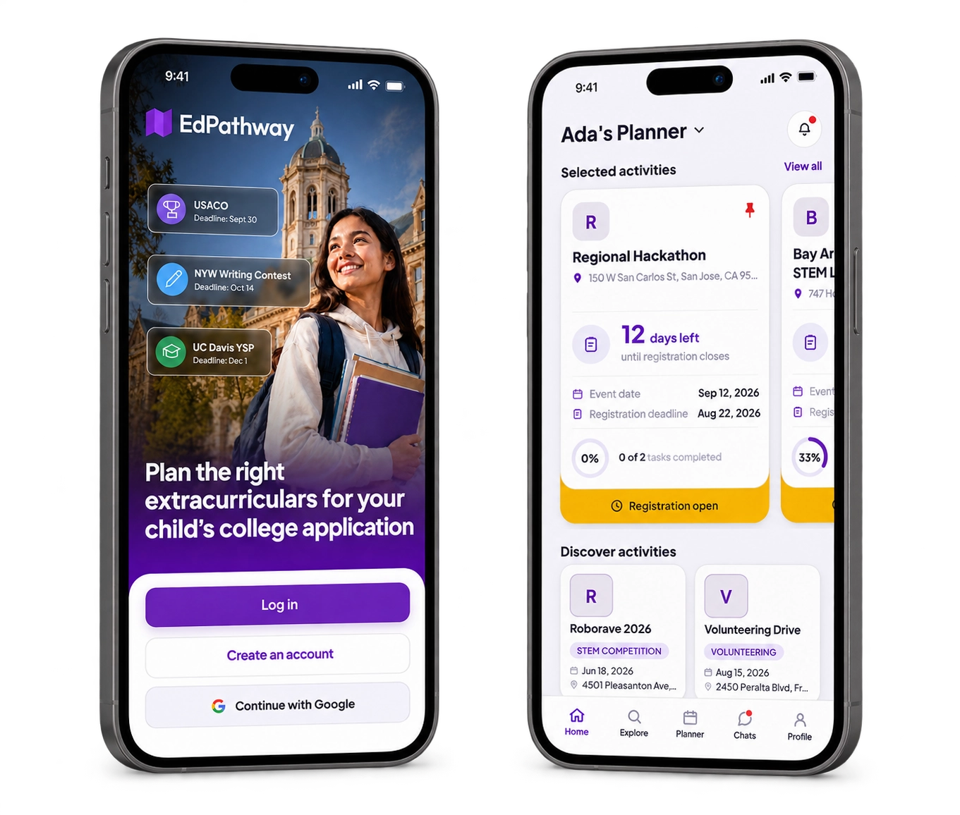The EdPathway app on two iPhones — the sign-in screen and a child's Planner
